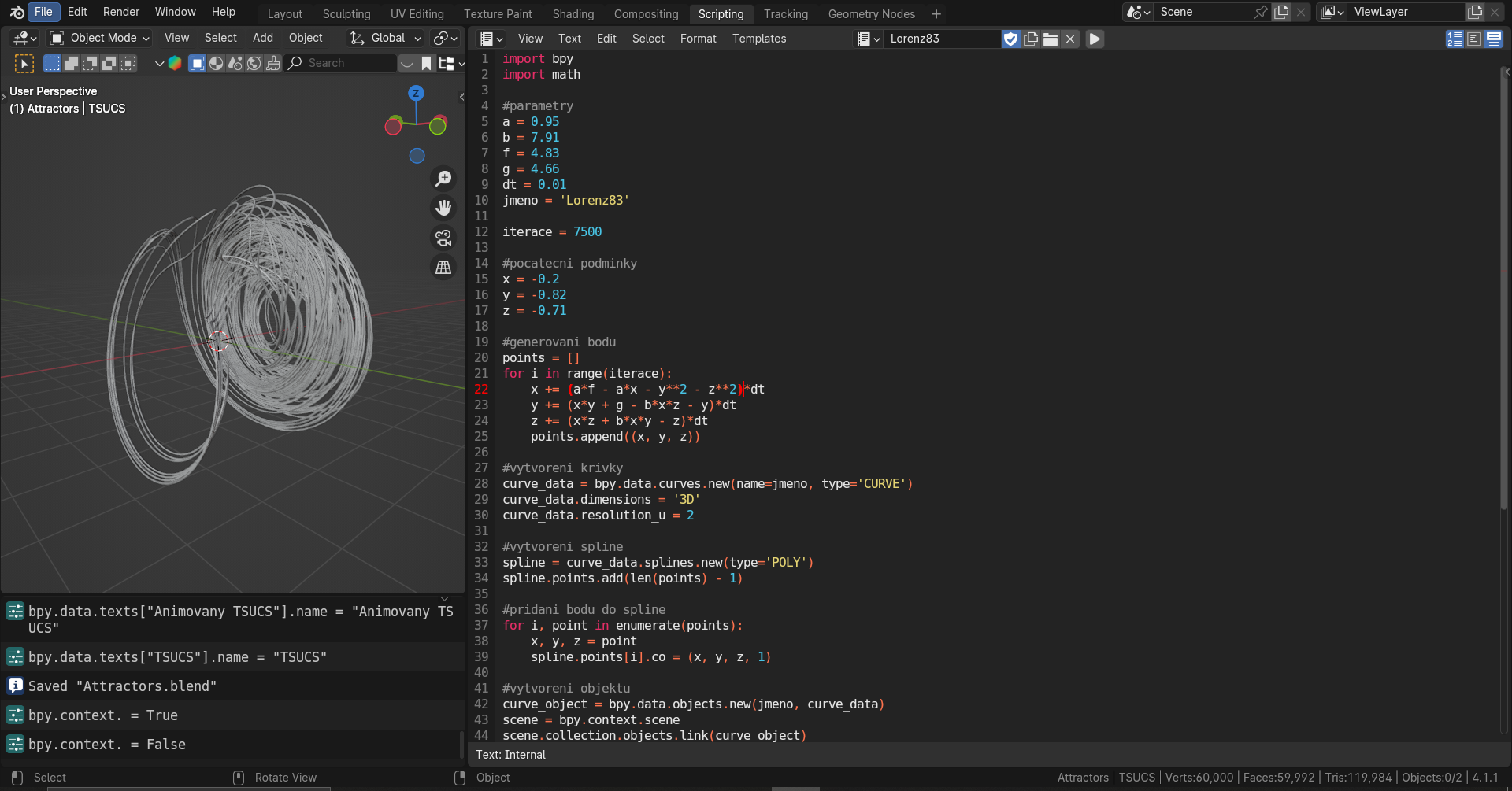 Strange attractors - Halvorsen, Chen-Lee, Lorenz 83 and TSUCS | generating script included! preview image 2